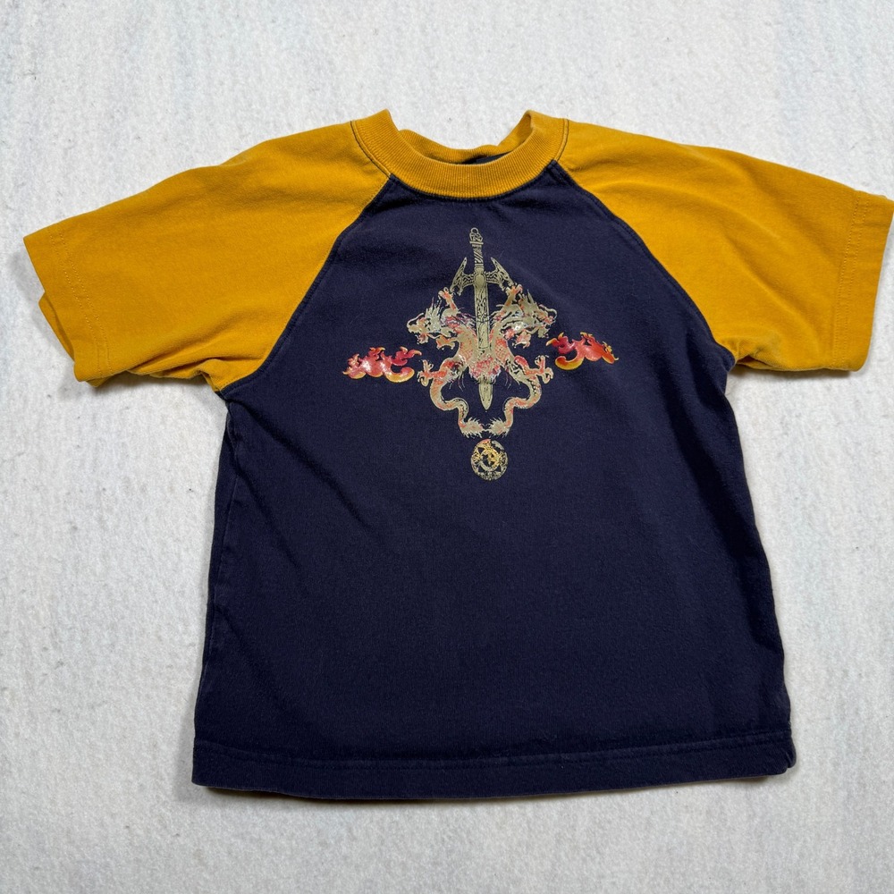 Faded Glory Kids Navy Blue Yellow Raglan Dragon Sword Graphic Tee Shirt Size 4/5